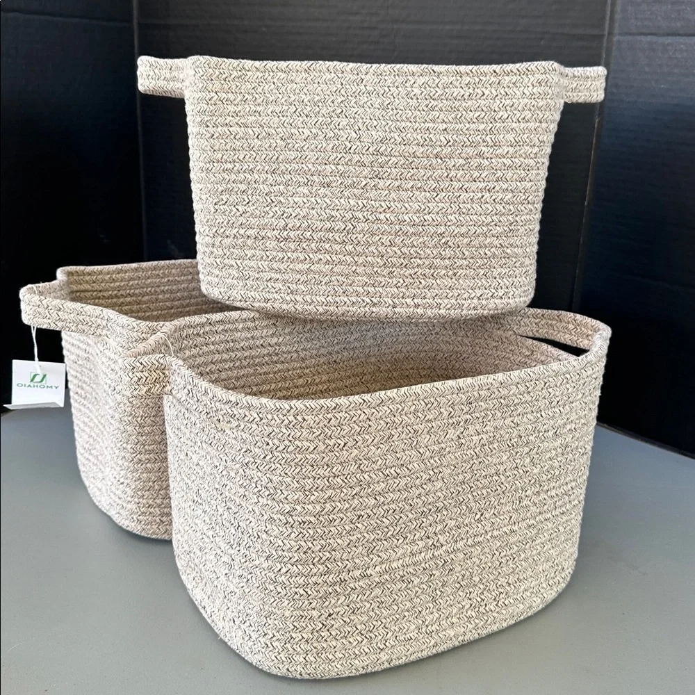 New Elegant Tan Woven Storage Baskets - Set of 3